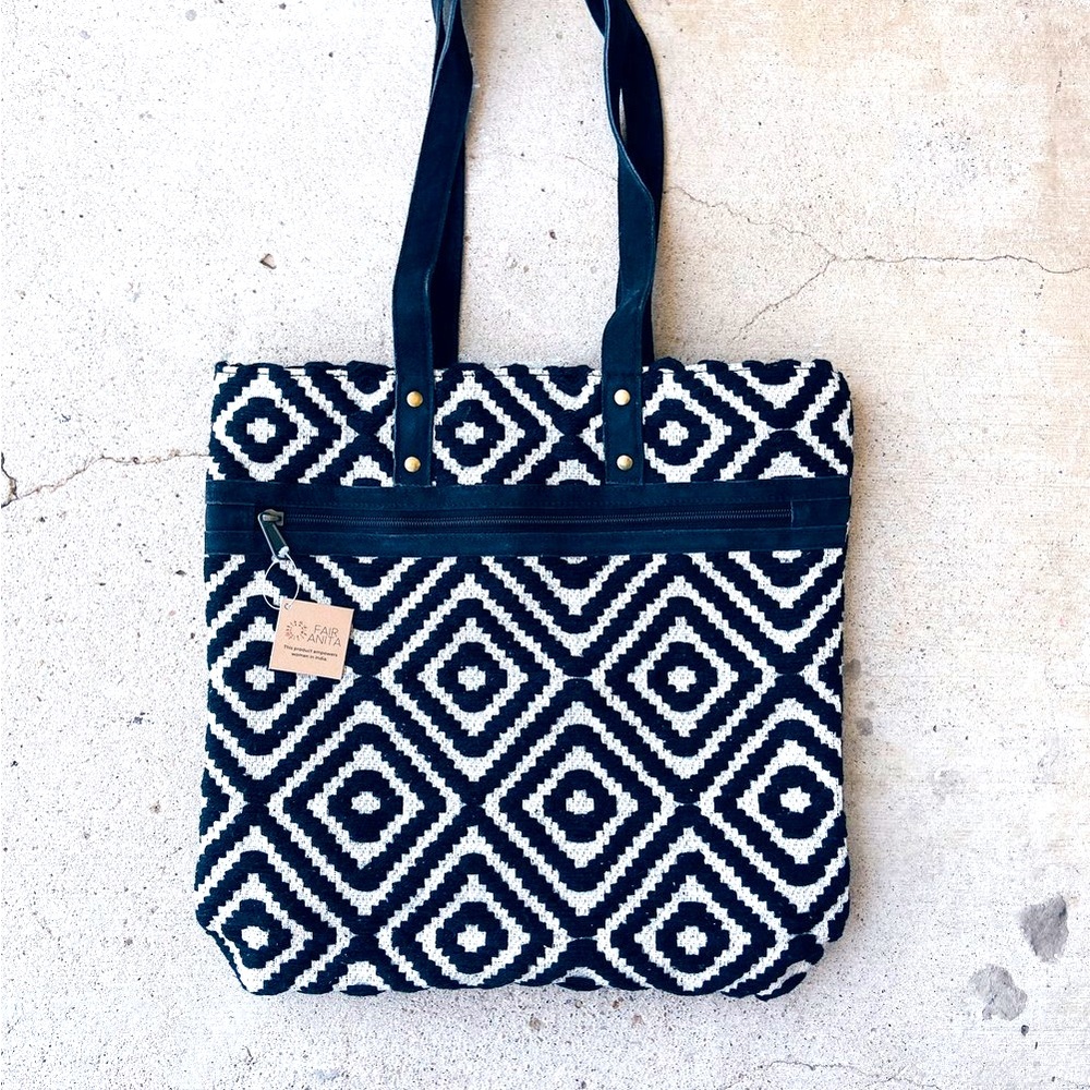 Black and White Geometric Tote Bag Meander Cotton by Ethos Kolekto NWOT